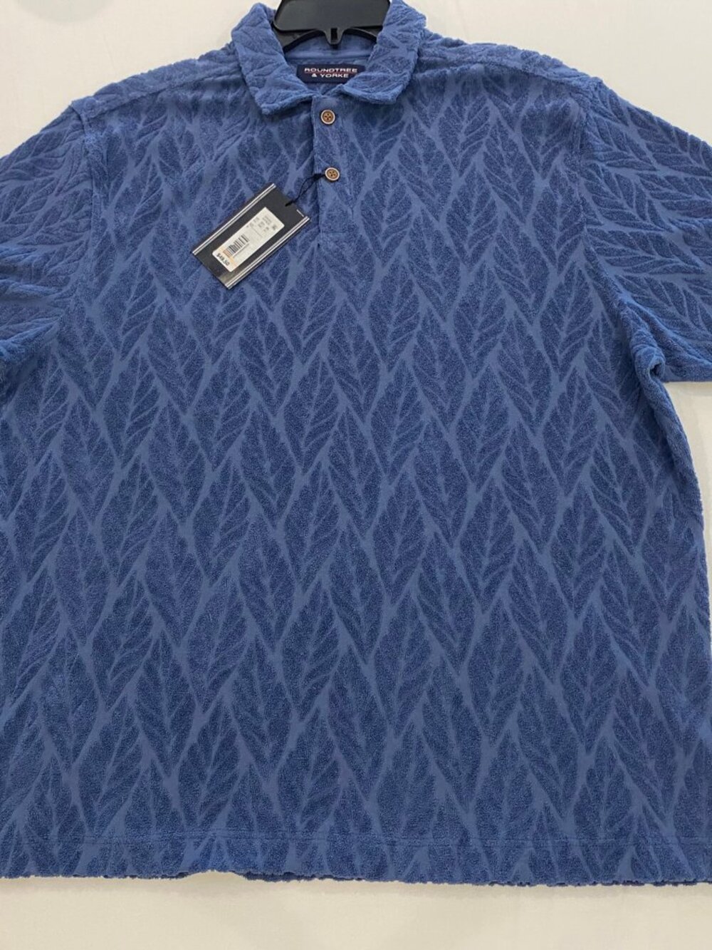 ROUNDTREE & YORKE Men's Polo Shirt M Blue Terry Cloth Embossed Leaf Pattern